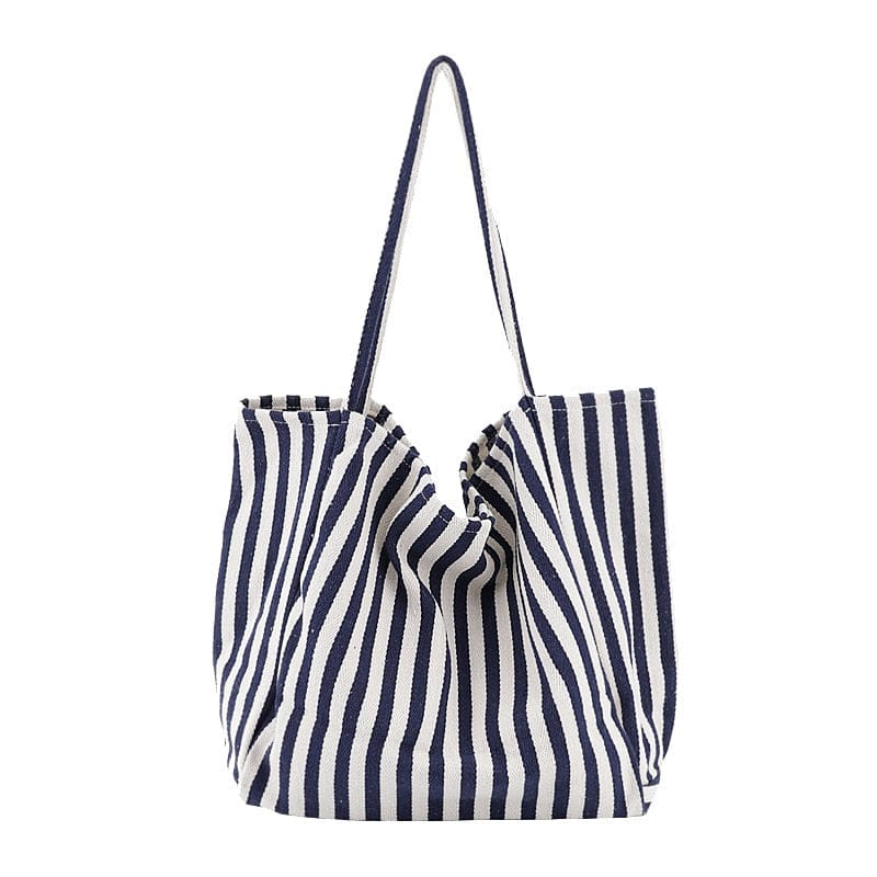 Buddha Trends Blue Small Stripes Large Capacity Striped Canvas Tote Bag