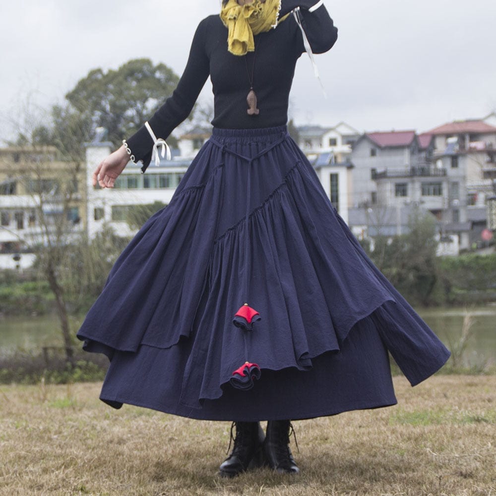 Buddha Trends Skirts Navy Blue / S Vintage Bohemian Pleated Midi Skirt