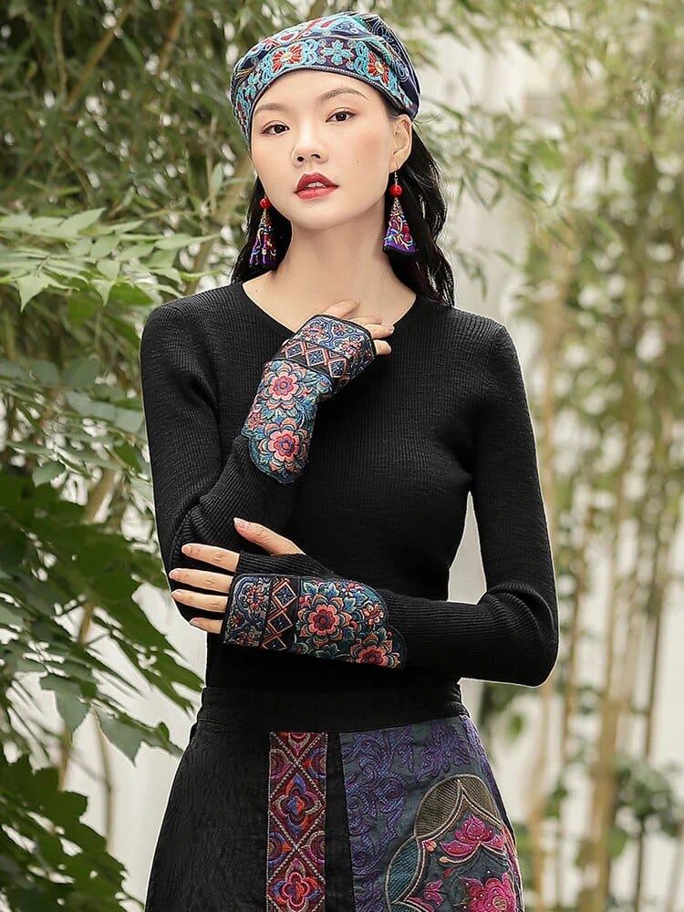 Buddhatrends Camisa de algodón bordada estilo chino negro / L