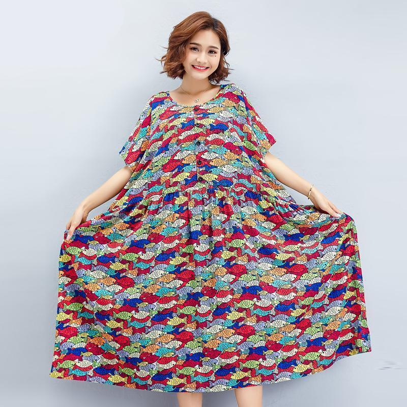 Buddha Trends 5742 / Одноразмерное платье-футболка оверсайз с разноцветными рыбками