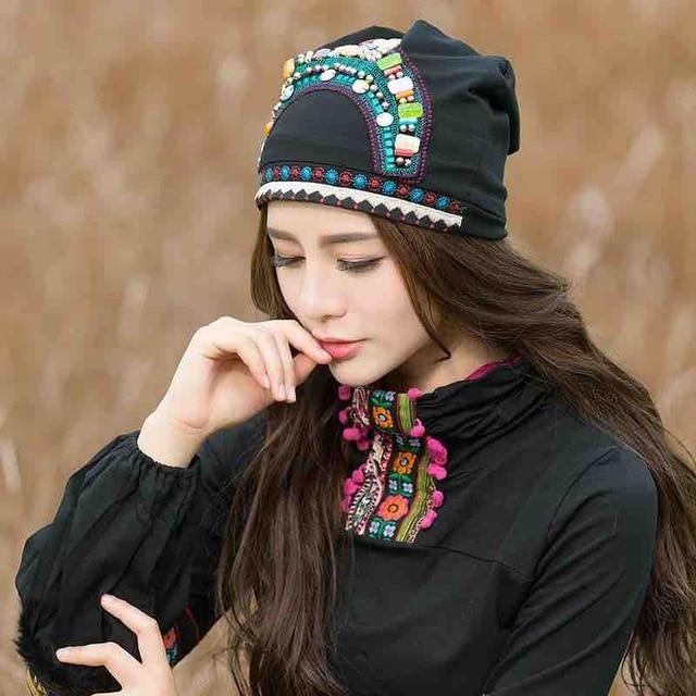 Buddha Trends Beanie Hats Black Embroidered Beaded Hippie Hats