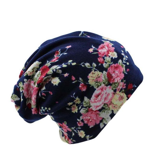 Navy Floral Beanie Hat