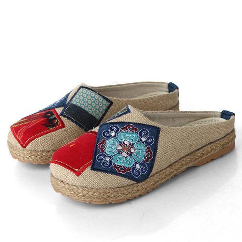Buddha Trends Beige / 5 Chinese Artist Embroidered Cotton Slippers
