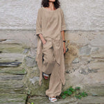 Buddha Trends Beige / S Celmia Langes asymmetrisches Hemd + Hosenset