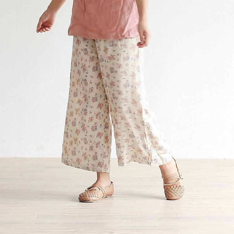 Buddha Trends Beige With Pink Flowers / L Periwinkle Floral High Waist Palazzo Pants
