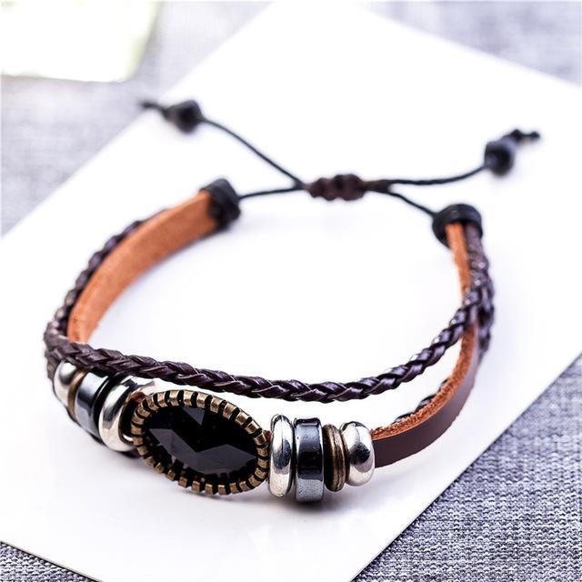 Bracelet en cuir géométrique tressé et perlé noir Buddha Trends