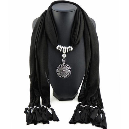 Buddha Trends Black Hollow Circle Flower Purple Scarf Necklace