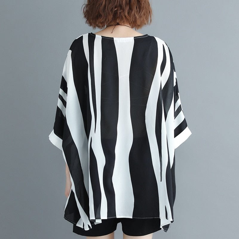 Buddha Trends Black / One Size Batwing Sleeve Striped Oversized Shirt