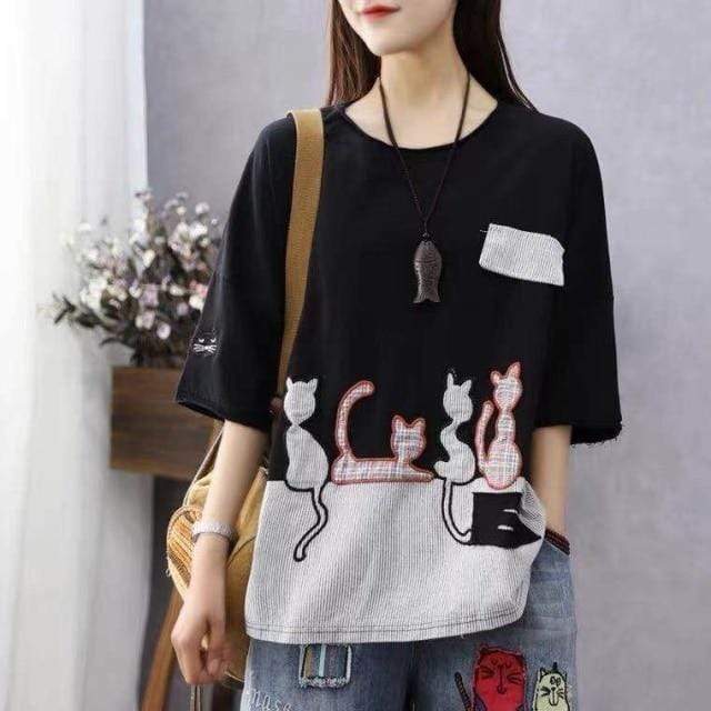 Buddha Trends Black / One Size / China Cartoon Cat Loose Casual T-Shirts