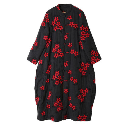 Buddha Trends black / One Size Floral Embroidered Trench Coat