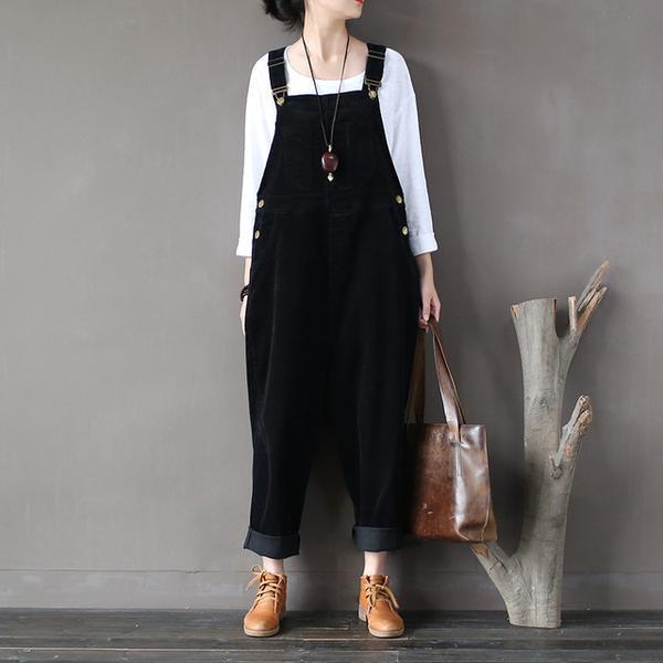 Buddha Trends Black / One Size Plus Size Black Corduroy Overall