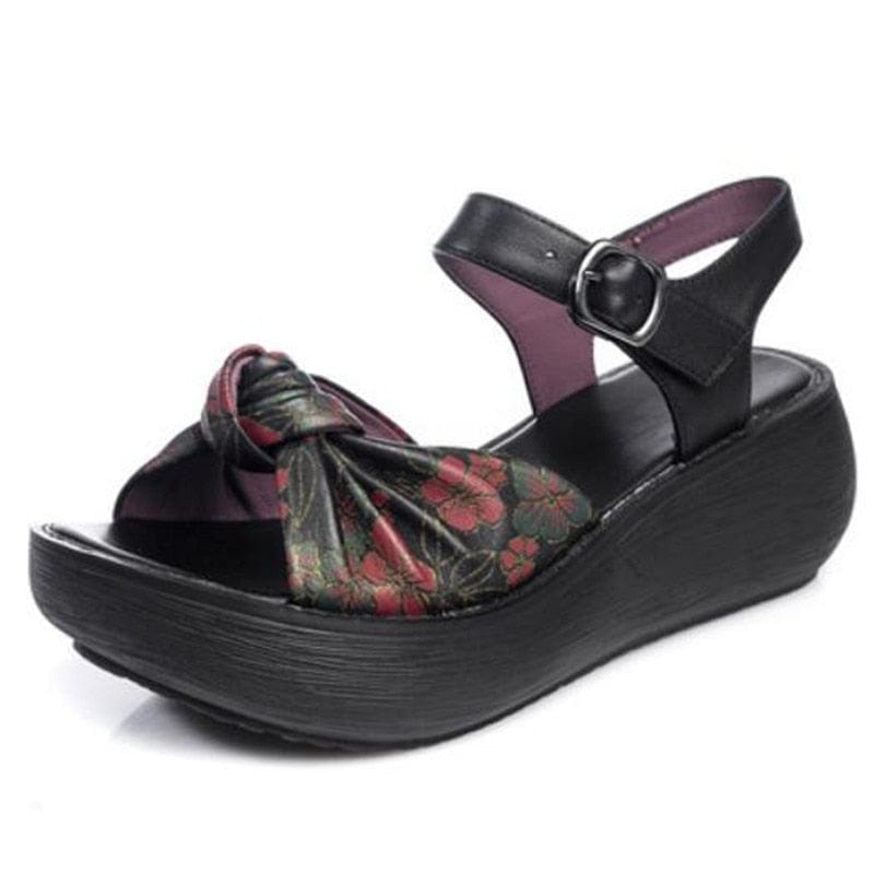 Buddha Trends stampa nera / 5 sandali in pelle con piattaforma floreale retrò fatti a mano