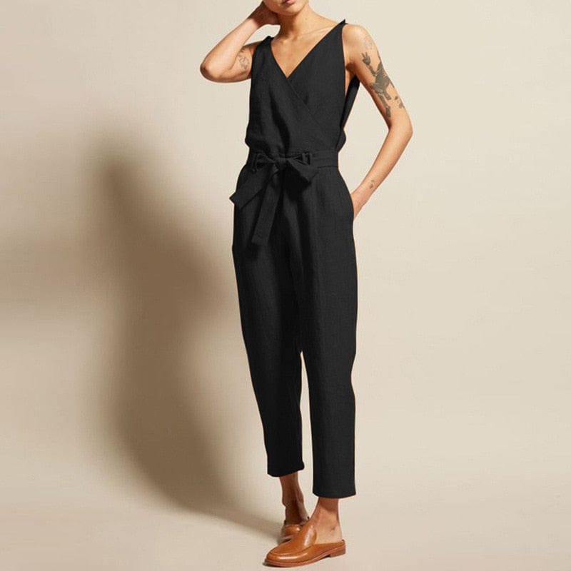 Buddha Trends Black / S Casual Chic V Neck Sleeveless Overall