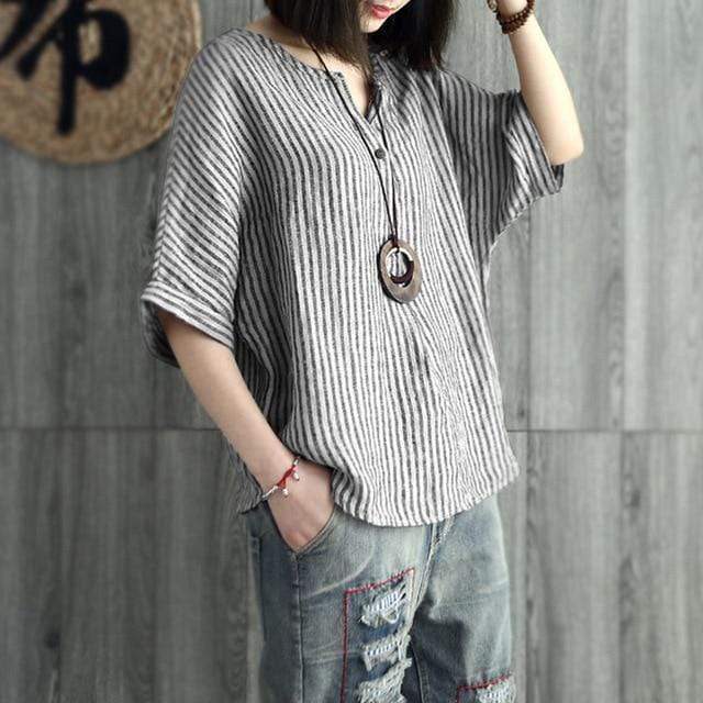 Buddha Trends Black / S Oversized Plus Size Striped T-Shirt
