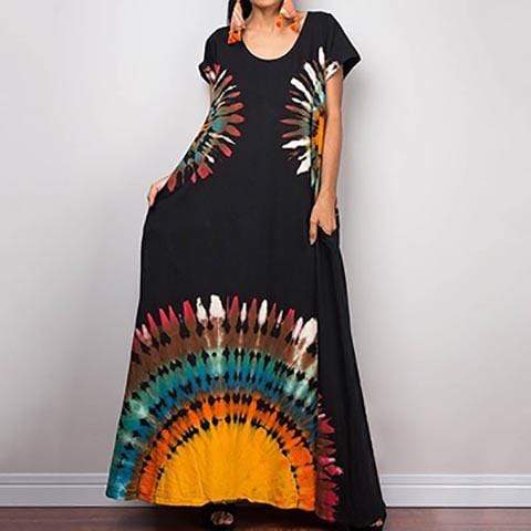 Buddha Trends Black / S Urban Hippie Short Sleeve Maxi Dress