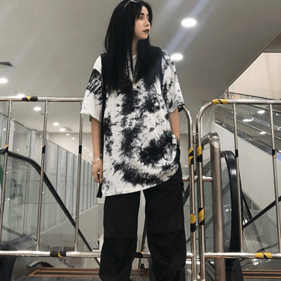 Buddha Trends Schwarz-weißes, übergroßes Batik-T-Shirt