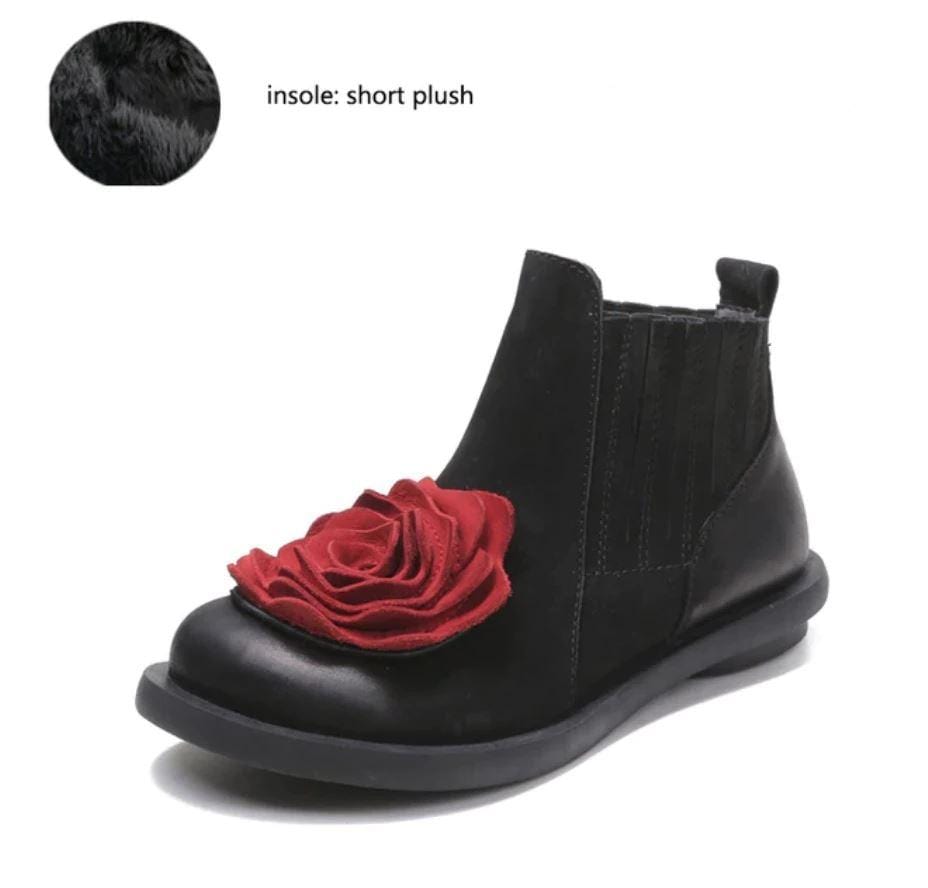 Buddha Trends Schwarz mit Plüschsohlen / 5 Mary Jane Ankle Boots mit Blumenmuster