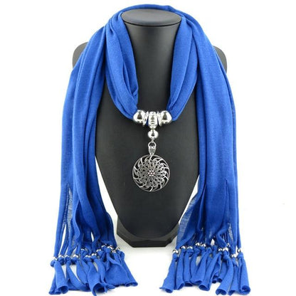 Buddha Trends Blue Hollow Circle Flower Purple Scarf Necklace