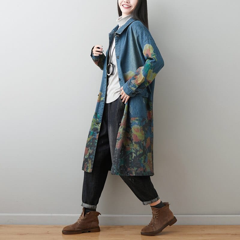 Buddha Trends Azul / Talla única / China Oversize Floral Denim Coat