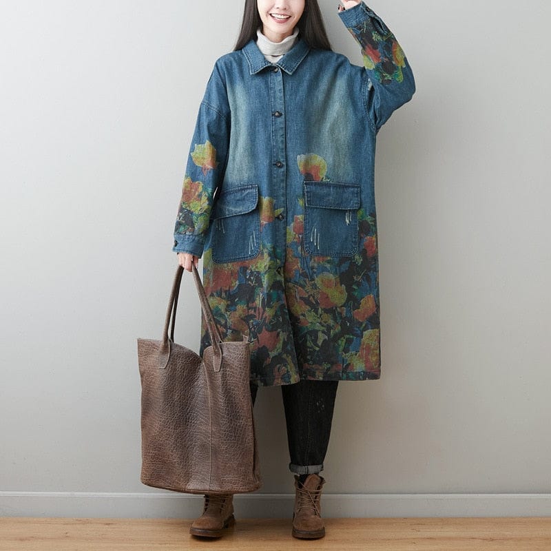 Buddha Trends Blue / One Size / China Oversized Floral Denim Coat