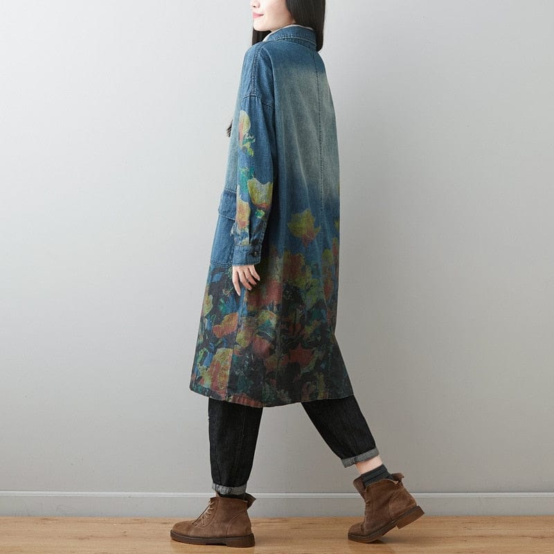 Buddha Trends Blue / One Size / China Oversized Floral Denim Coat