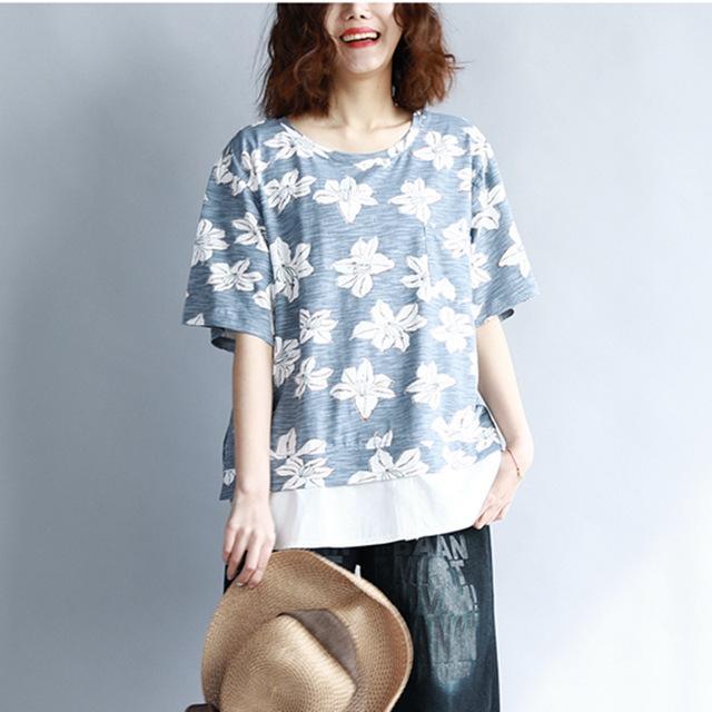 Buddha Trends camiseta de flores de doble capa azul / talla única