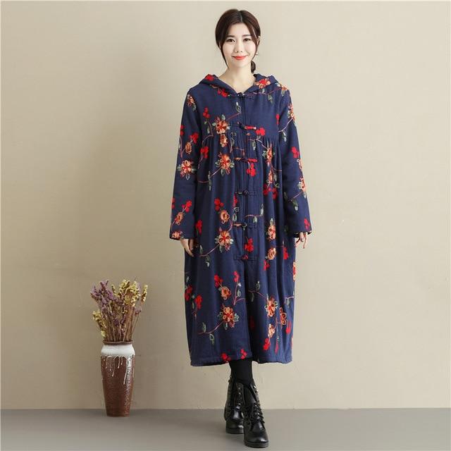 Buddha Trends Blue / One Size Floral Embroidered Hooded Coat