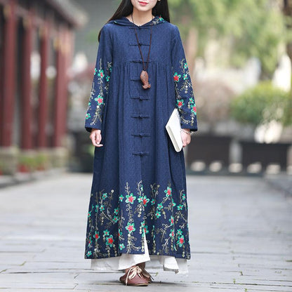 Buddha Trends Blue / One Size Hooded Embroidered Trench Coat