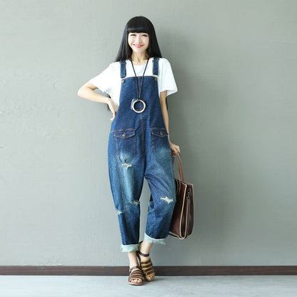 Buddha Trends Blue / One Size Ripped Baggy Denim Overall
