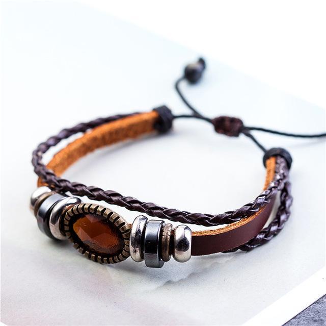 Buddha Trends Brown Braided And Beaded Geometric Leather Bracelet