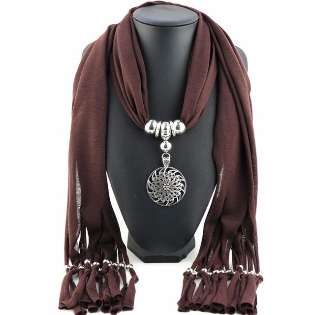 Buddha Trends Brown Hollow Circle Flower Purple Scarf Necklace