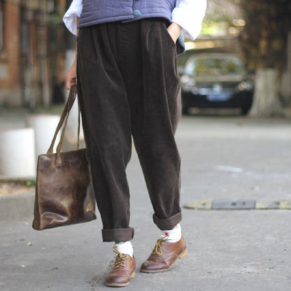 Brązowe sztruksowe luźne spodnie w stylu retro w jednym rozmiarze Buddha Trends