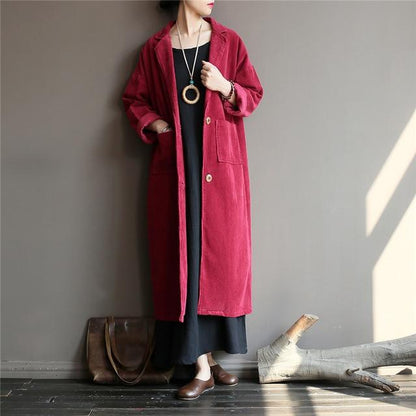 Buddha Trends Burgundy / One Size Casual Chic Corduroy Trench Coat