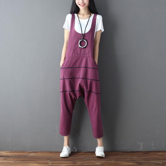 Buddha Trends Burgundy / One Size Low Crotch Loose Denim Overall