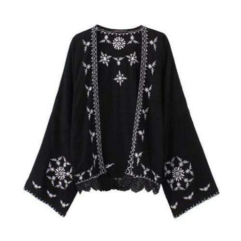 Buddha Trends Cardigans Negro / L Kimono corto con bordado floral boho chic