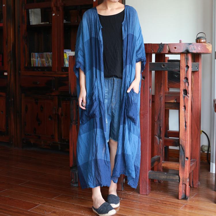 Buddha Trends Cardigans Blau / One Size Batwing Sleeve Long Plaid Cardigan