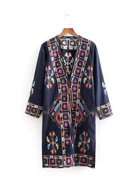 Buddha Trends Cardigans Marineblau / S Japan Vibes Kimono mit Blumenstickerei