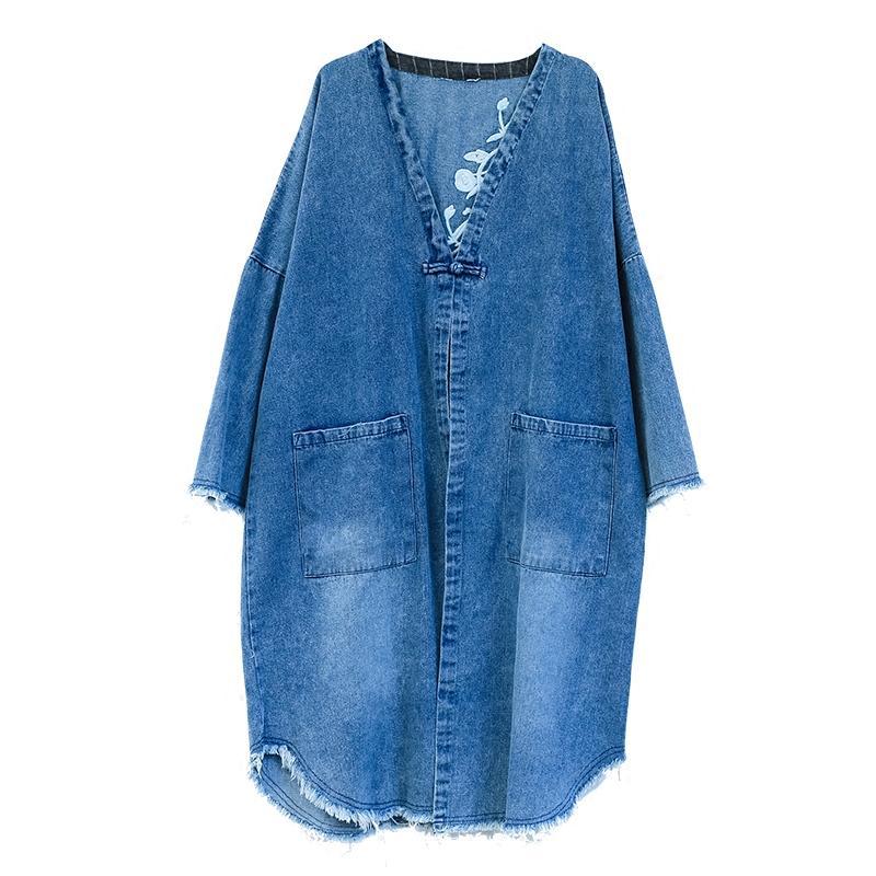 Buddha Trends Cardigans One Size / Blau bestickte Jeans-Strickjacke