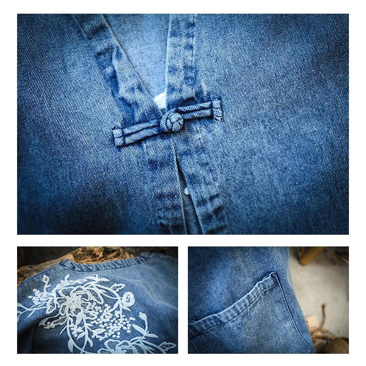 Buddha Trends Cardigans One Size / Blue Embroidered Denim Cardigan