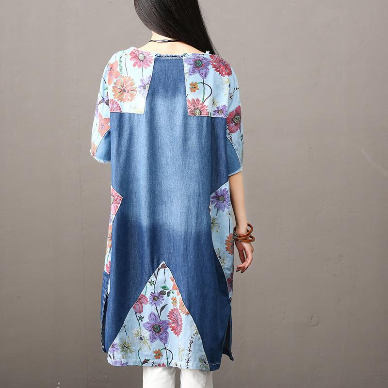 Buddha Trends Cardigans One Size / Blue Floral Patchwork Long Denim Cardigan