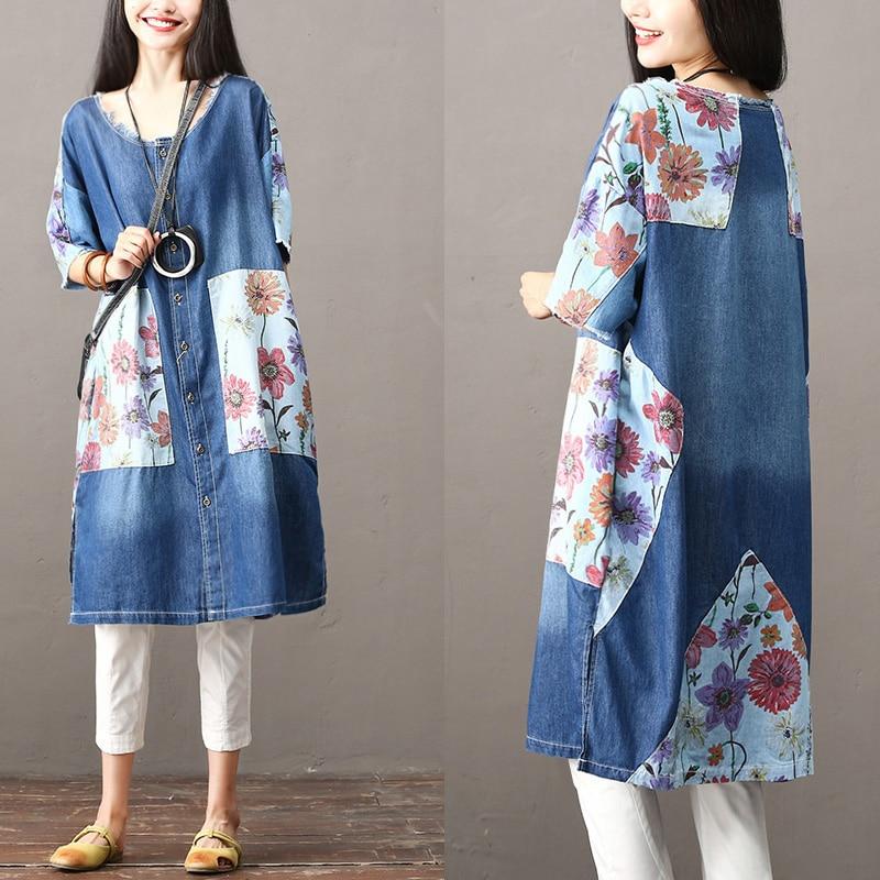 Buddha Trends Cardigans One Size / Blaue Blumen Patchwork Long Denim Cardigan