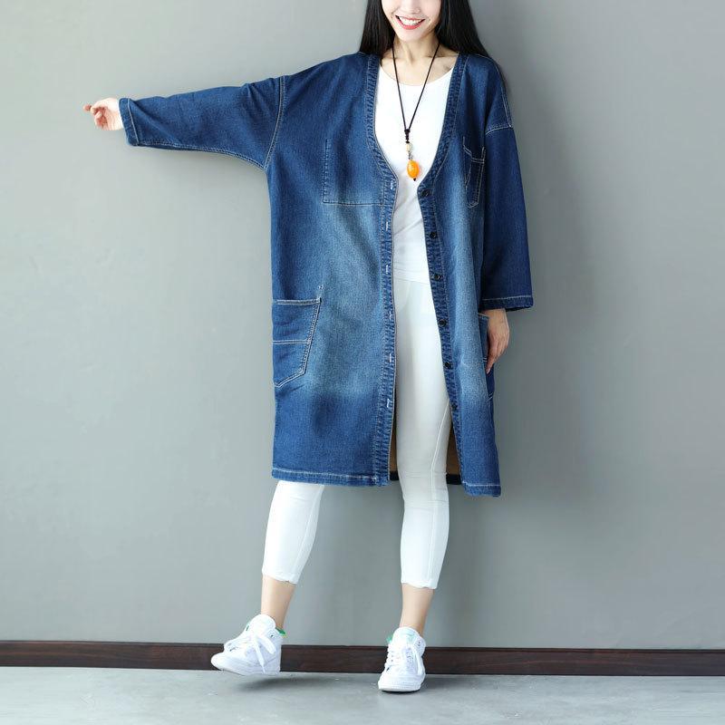 Buddha Trends Cardigans Ένα μέγεθος / σκούρο μπλε μακρύ τζιν μπουφάν με τσέπες