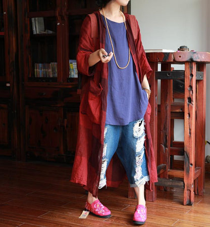 Buddha Trends Cardigans Red / One Size Batwing Sleeve Long Plaid Cardigan