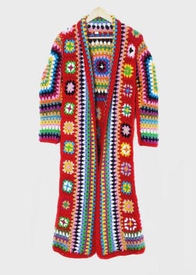 Buddha Trends Ζακέτες κόκκινες χωρίς κουκούλα / One Size 100% Wool Handmade Hippie Cardigan