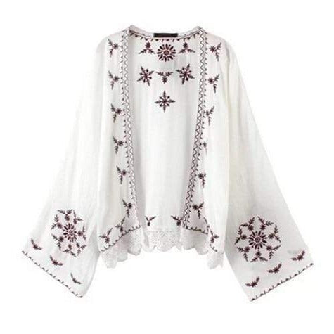 Buddha Trends Cardigans Blanco / L Kimono corto con bordado floral boho chic