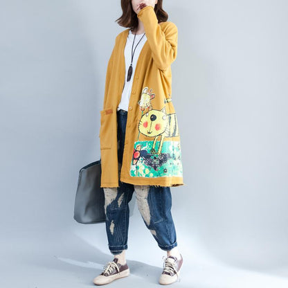 Buddha Trends Cardigan Geel / Eengrootte Cat Lady Button Up Lang Cardigan