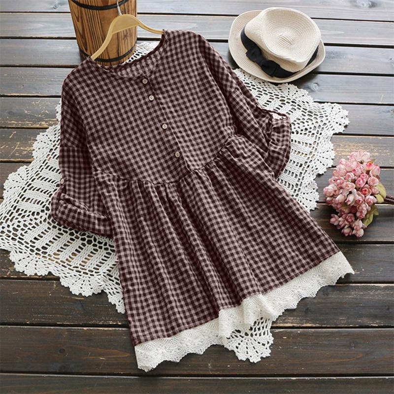 Buddha Trends Check Plaid Pleated Blouse
