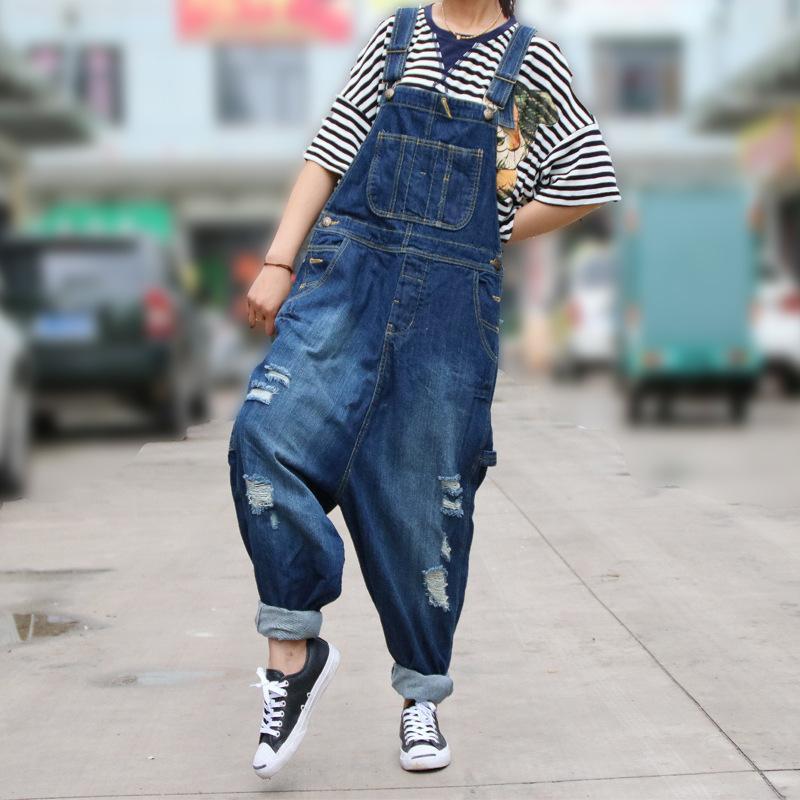 Buddha Trends Dark Blue / One Size Casual Ripped Denim Overall