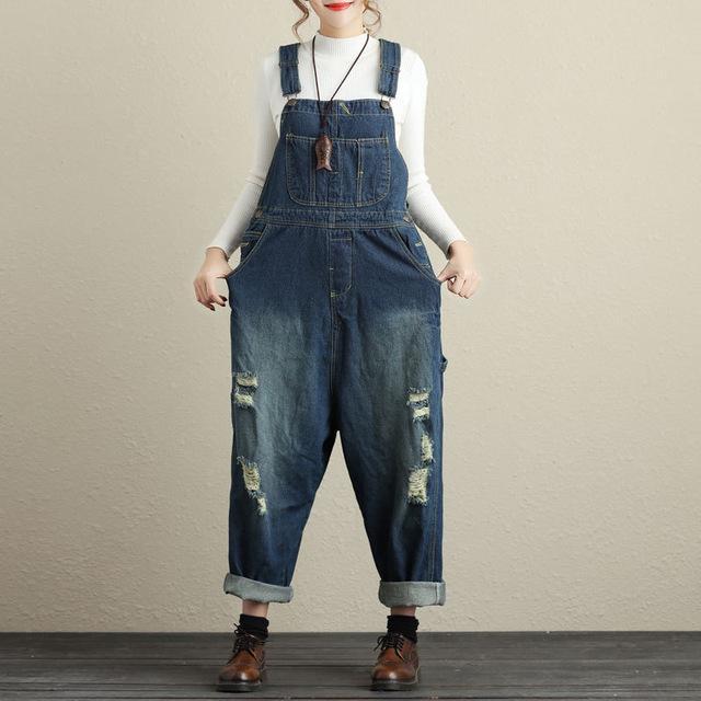 Buddha Trends Dark Blue / One Size Loose Ripped Denim Overall
