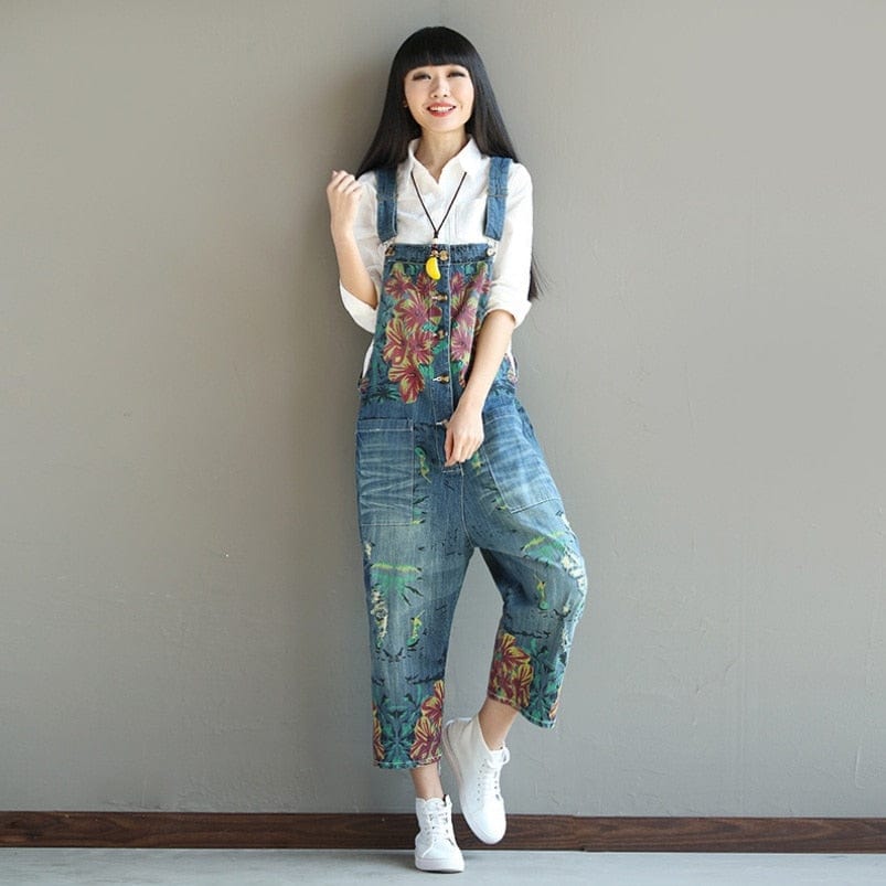 Buddha Trends Deep blue / One Size Loose Floral Denim Overall